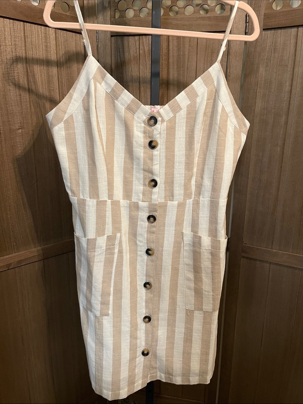 Pink Lily Cream & Tan Striped Button Front Linen Dress with Pockets Size XL